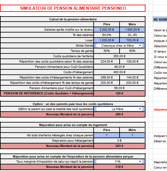 Simulateur de calcul de pension alimentaiure sous google sheet